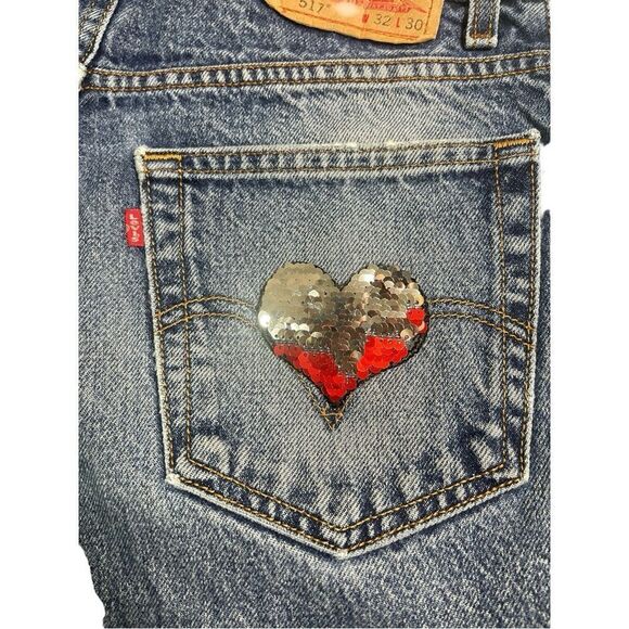 Levi's 517 Vintage Blue Denim Heart Patch Boot Cut Shorts - Picture 3 of 5